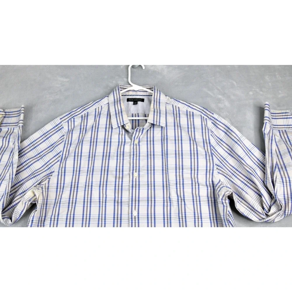 Banana Republic Shirt Men 2XL Slim Beige Blue Non-Iron Plaid Button Up